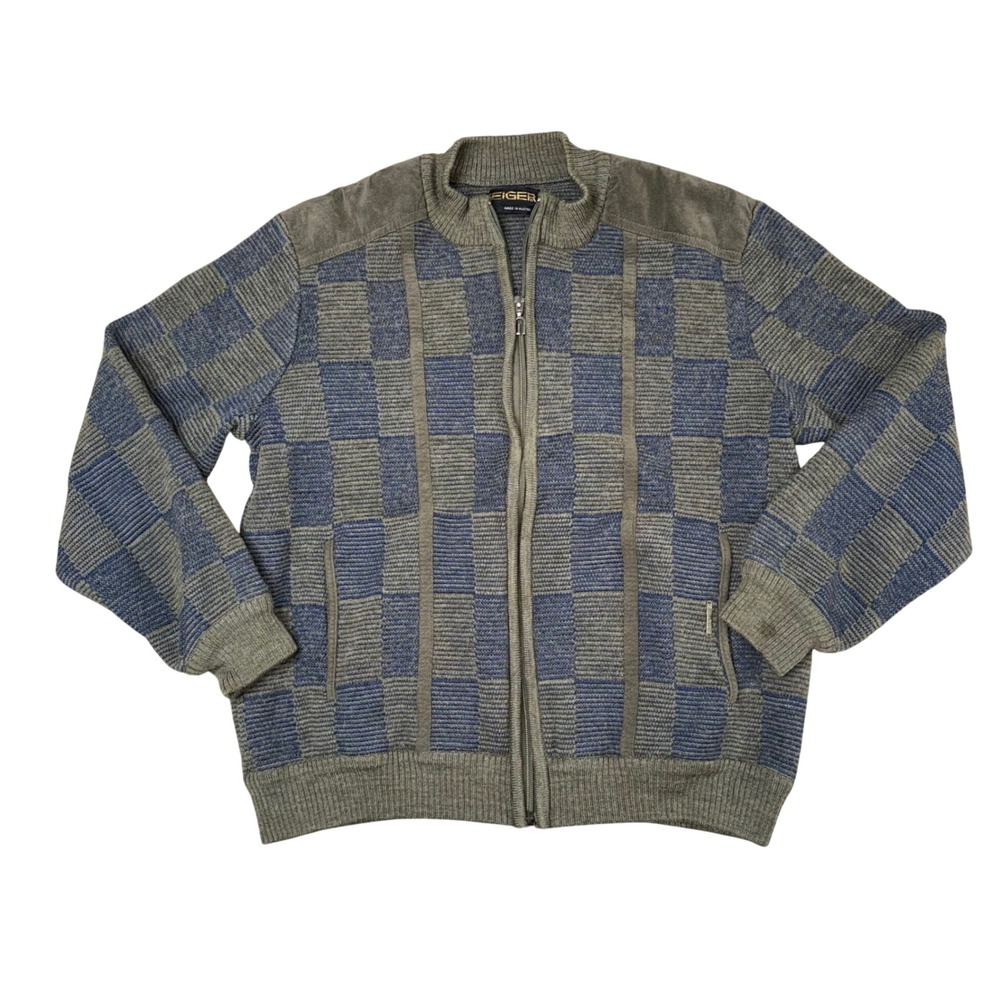 Geiger Full Zip Cardigan Mens 52 L Green Blue Wool Cotton Austrian Check Sweater